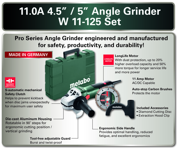 PTM-G603622850 5" Angle Grinder Set - 11,000 RPM - 11.0 Amps w/ Lock-on, 5" HP Diamond Wheel, Shroud